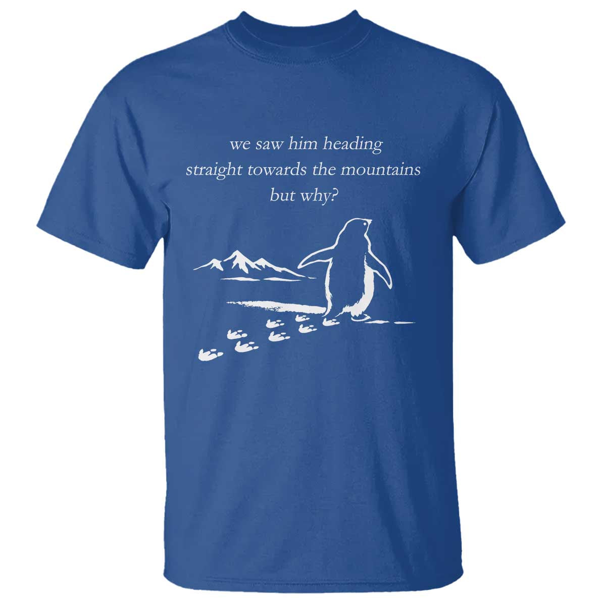 But Why Penguin T Shirt Funny Nihilist Penguin Hiking Meme Head Towards The Mountains TS14 Royal Blue Print Your Wear