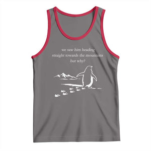 But Why Penguin Tank Top Funny Nihilist Penguin Hiking Meme Head Towards The Mountains TS14 Deep Heather Red Print Your Wear