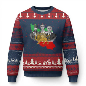 Pahlavi Dynasty Ugly Christmas Sweater Three Generations Iran Lion and Sun Portrait TS14 Navy Red Print Your Wear