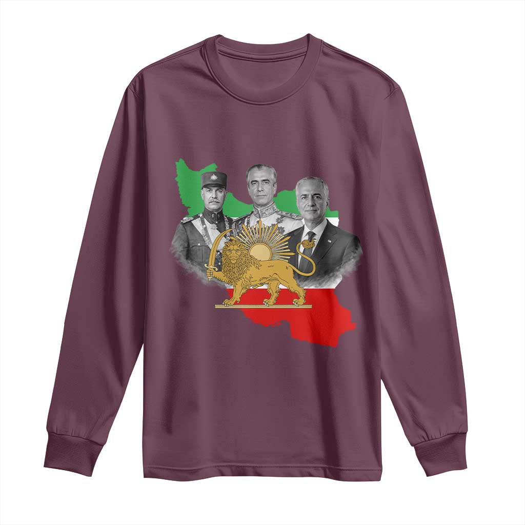 Pahlavi Dynasty Long Sleeve Shirt Three Generations Iran Lion and Sun Portrait TS14 Maroon Print Your Wear