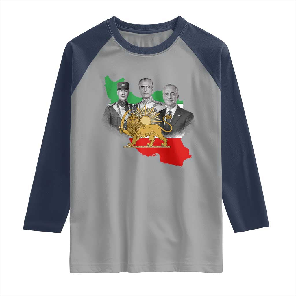 Pahlavi Dynasty Raglan Shirt Three Generations Iran Lion and Sun Portrait TS14 Sport Gray Navy Print Your Wear