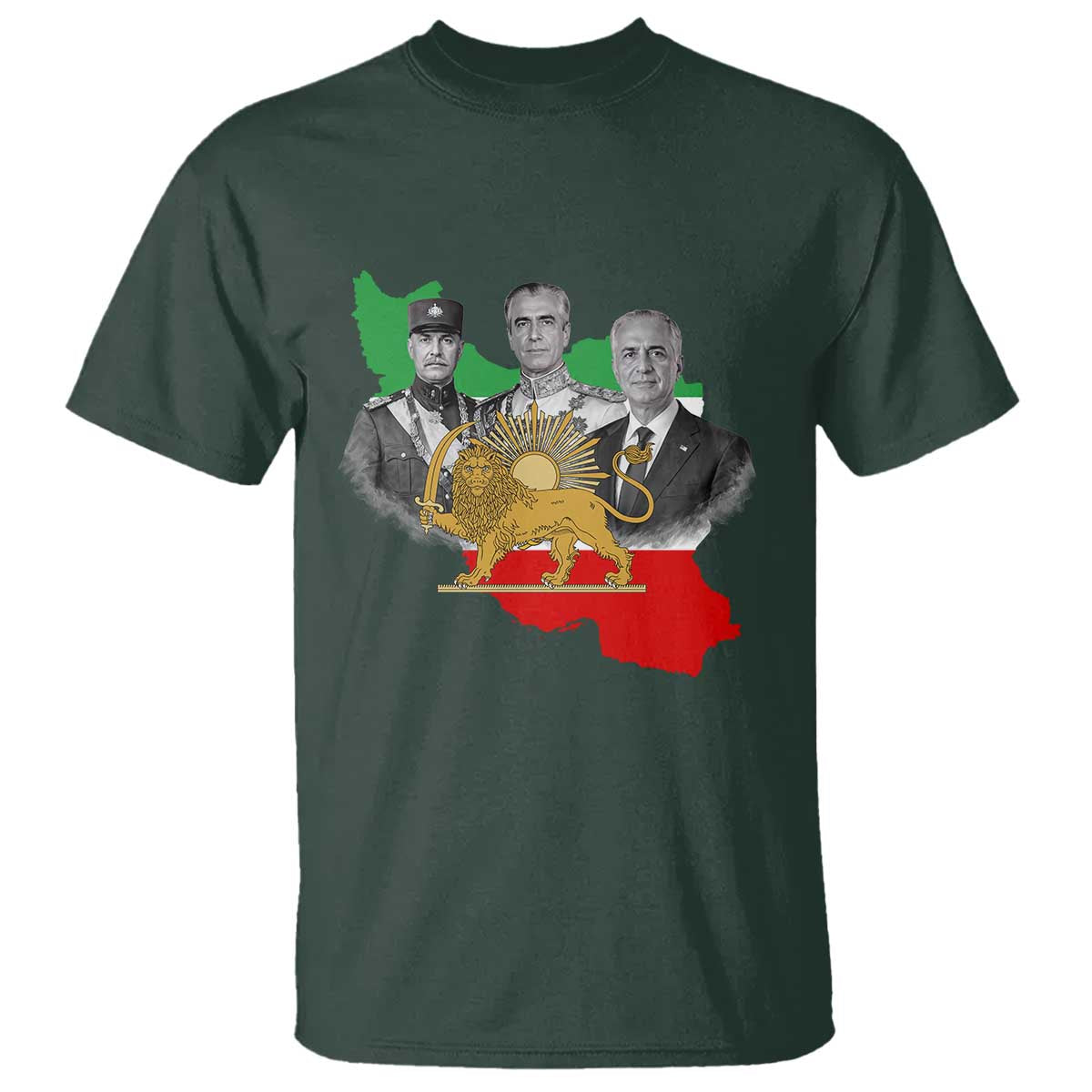 Pahlavi Dynasty T Shirt Three Generations Iran Lion and Sun Portrait TS14 Dark Forest Green Print Your Wear