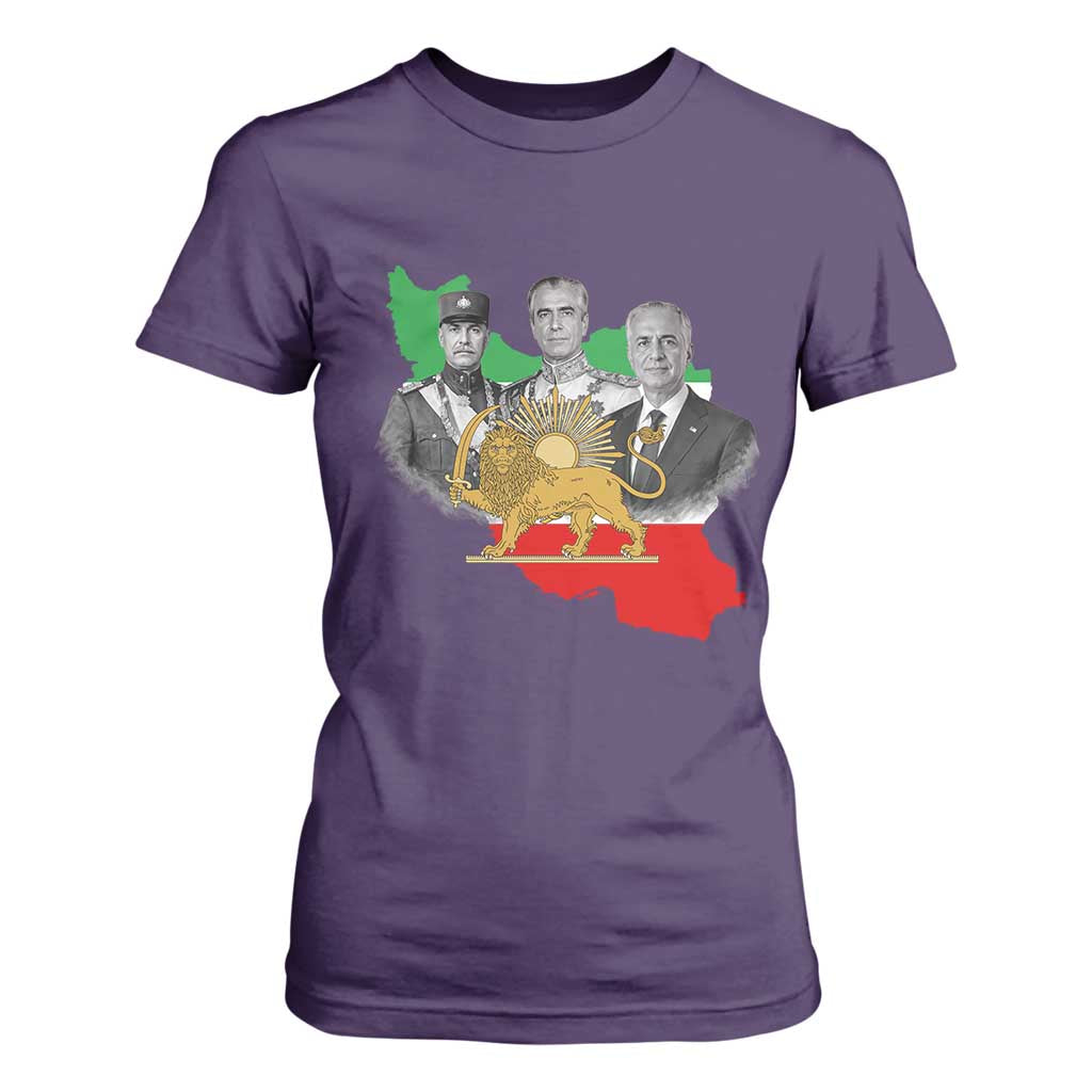 Pahlavi Dynasty T Shirt For Women Three Generations Iran Lion and Sun Portrait TS14 Purple Print Your Wear