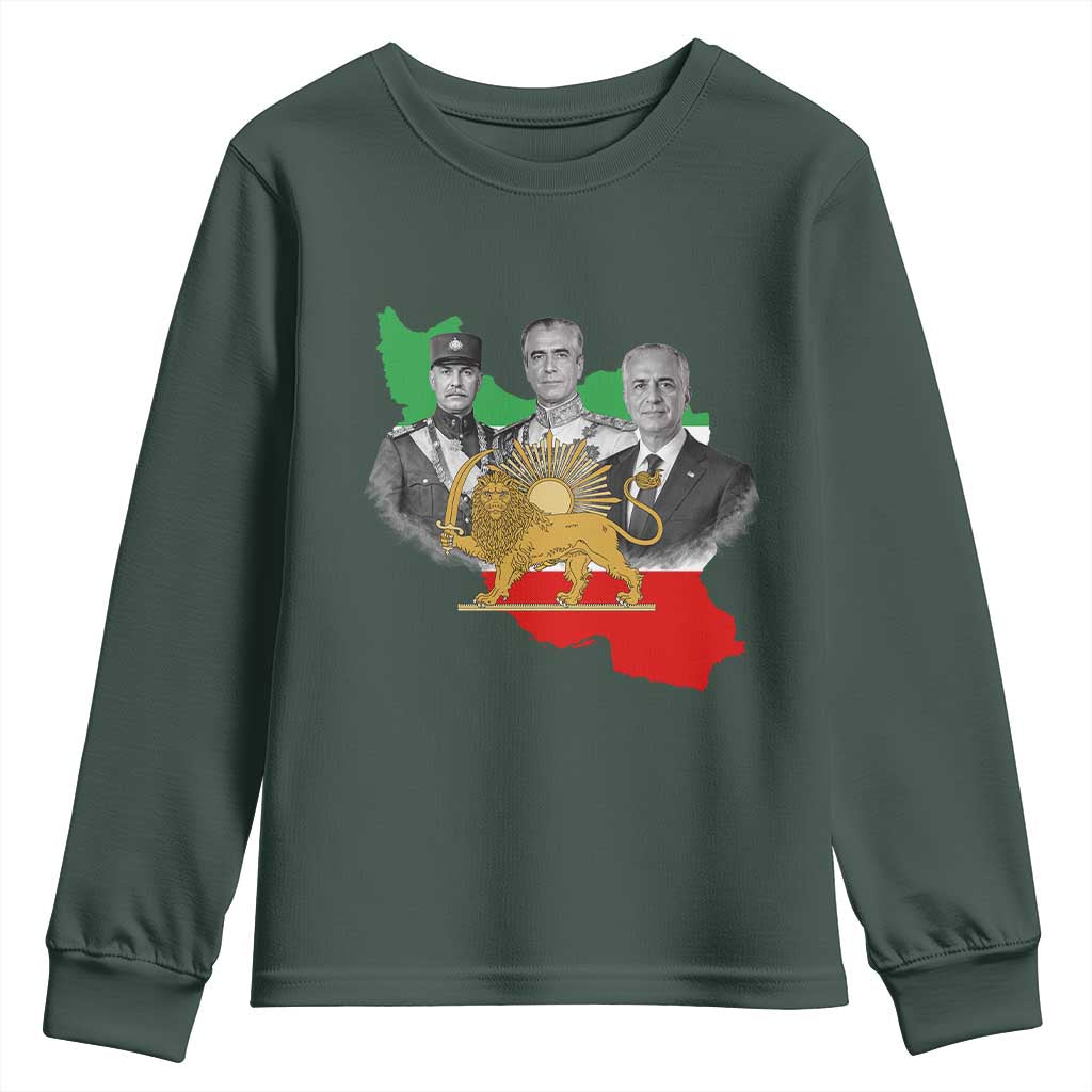 Pahlavi Dynasty Youth Sweatshirt Three Generations Iran Lion and Sun Portrait TS14 Dark Forest Green Print Your Wear