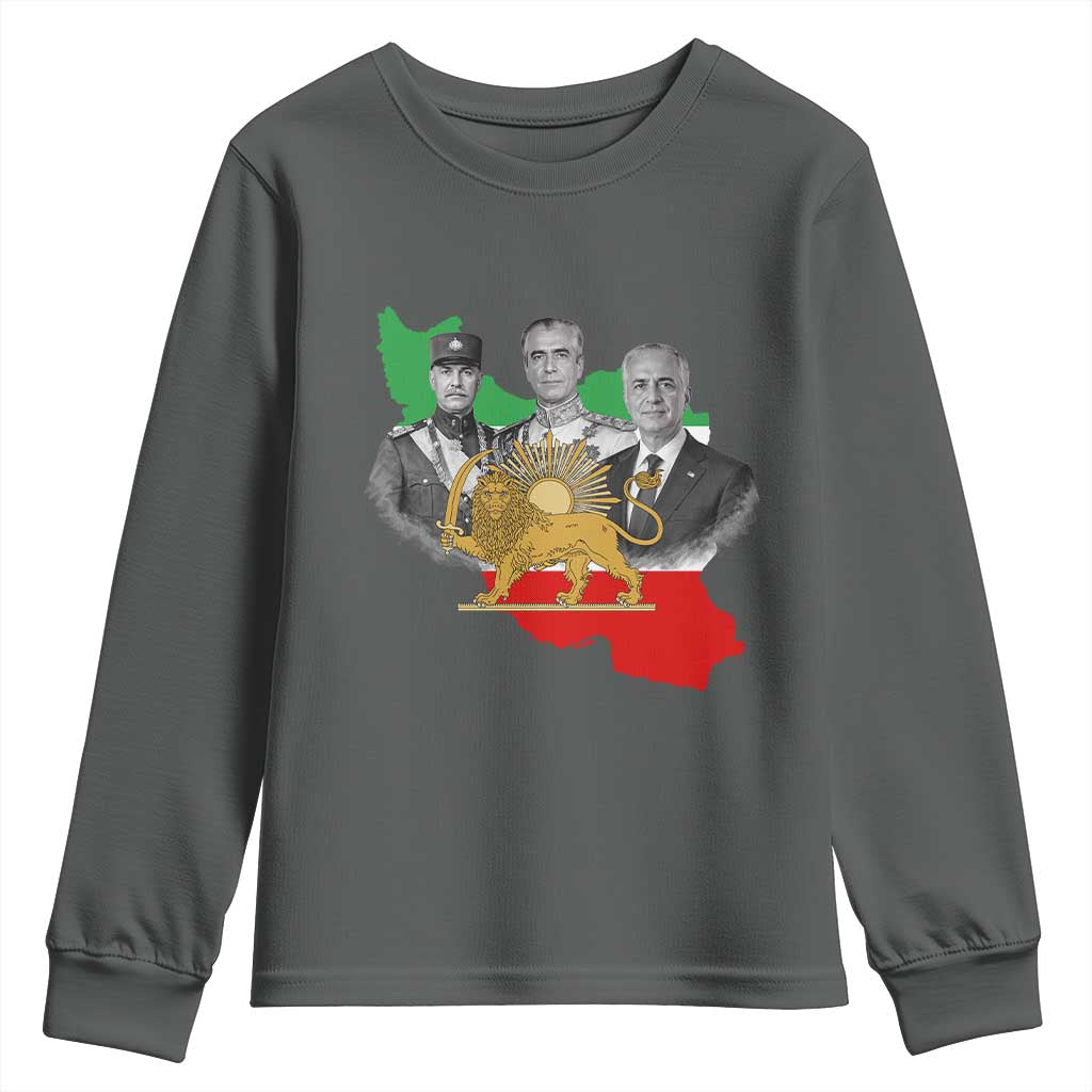 Pahlavi Dynasty Youth Sweatshirt Three Generations Iran Lion and Sun Portrait TS14 Dark Heather Print Your Wear