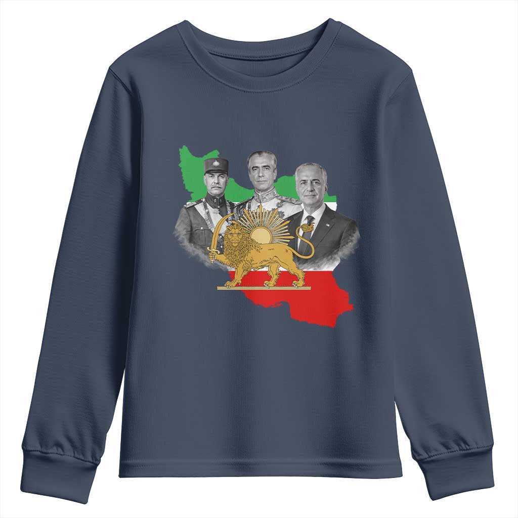 Pahlavi Dynasty Youth Sweatshirt Three Generations Iran Lion and Sun Portrait TS14 Navy Print Your Wear