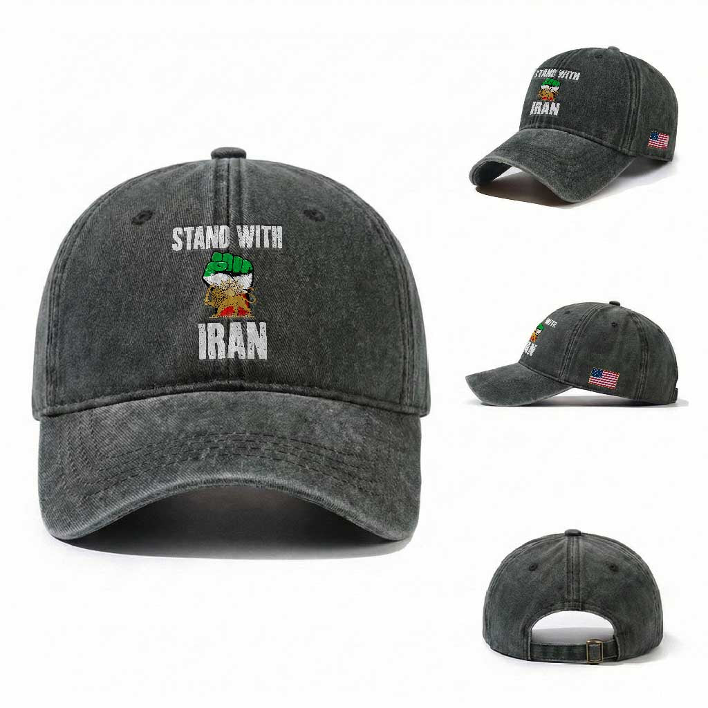 Free Iran Support Iranian MIGA Washed Cotton Baseball Cap Stand With Iran TS14 Washed Cap Universal Fit Dark Green Print Your Wear