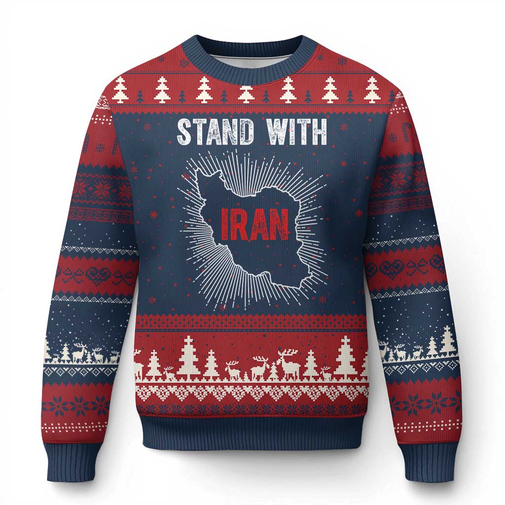 Free Iran Support Ugly Christmas Sweater Stand With Iran TS14 Navy Red Print Your Wear