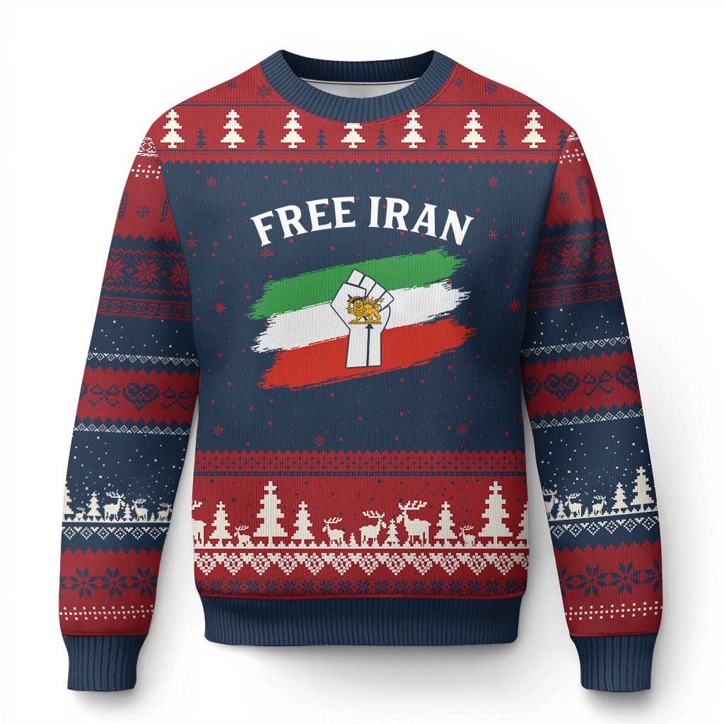 Free Iran Ugly Christmas Sweater Support Iranian Freedom No War TS14 Navy Red Print Your Wear