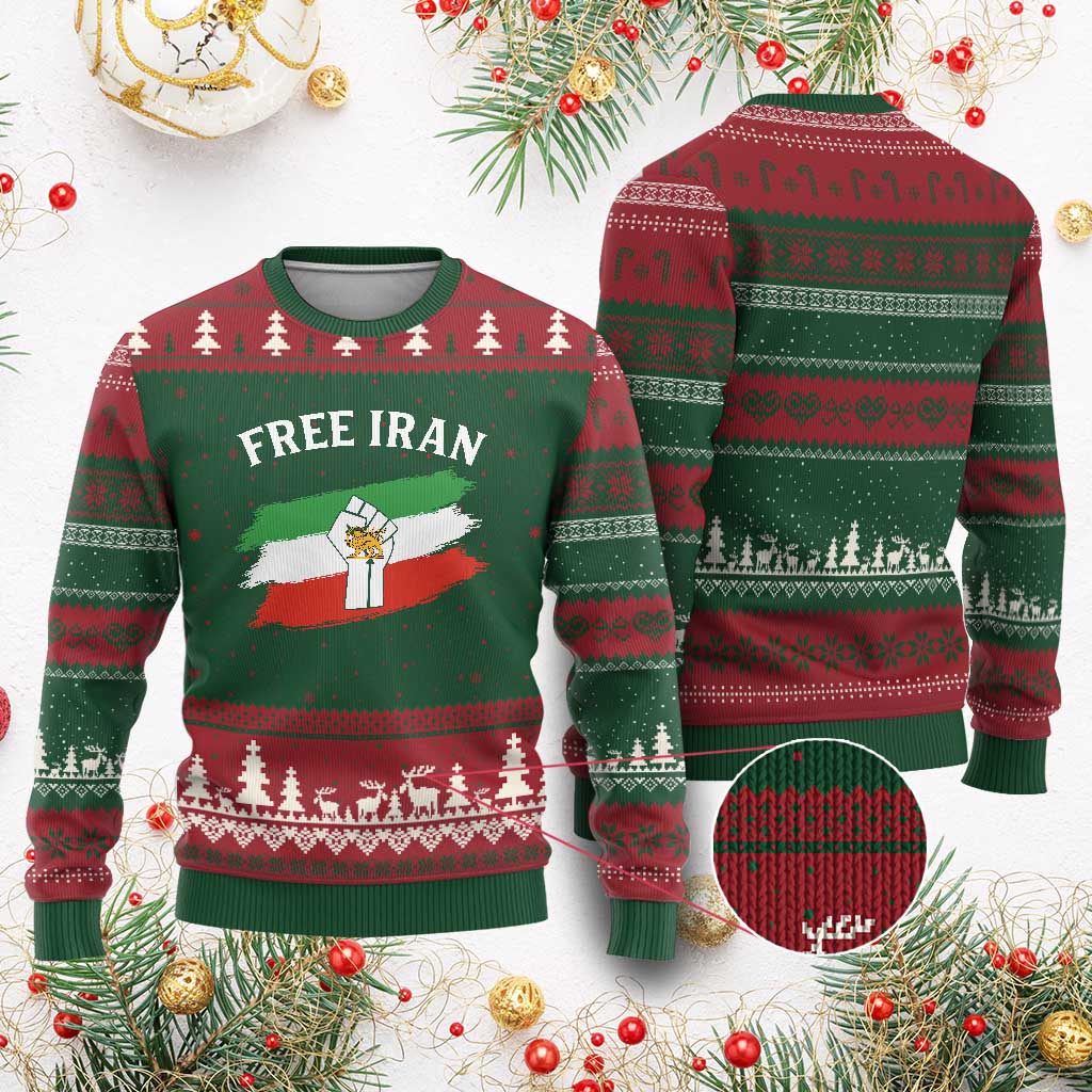 Free Iran Ugly Christmas Sweater Support Iranian Freedom No War TS14 Red Green Print Your Wear