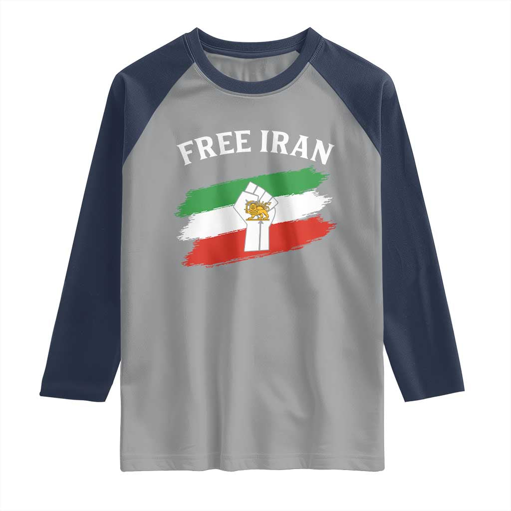 Free Iran Raglan Shirt Support Iranian Freedom No War TS14 Sport Gray Navy Print Your Wear