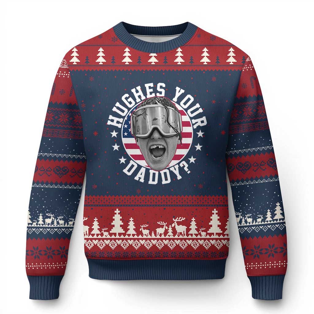 Funny Hughes Your Daddy Ice Hockey Fan Ugly Christmas Sweater Golden Goal Champions Celebration TS14 Navy Red Print Your Wear