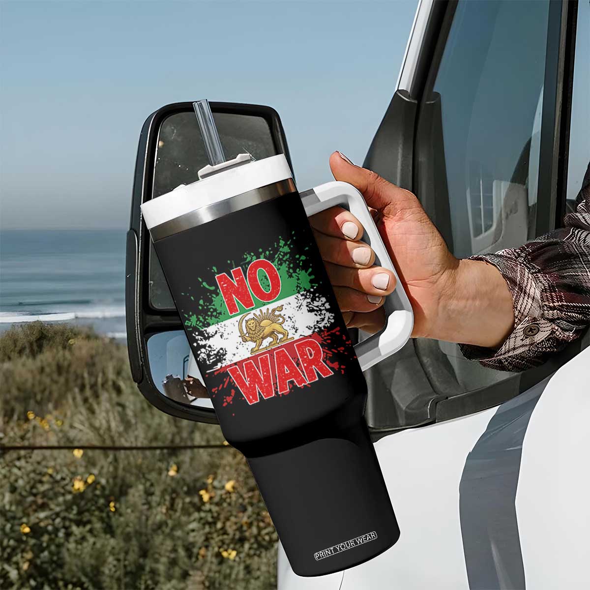 Free Iran Flag Tumbler With Handle No War Support Iranian Freedom TS14 Print Your Wear