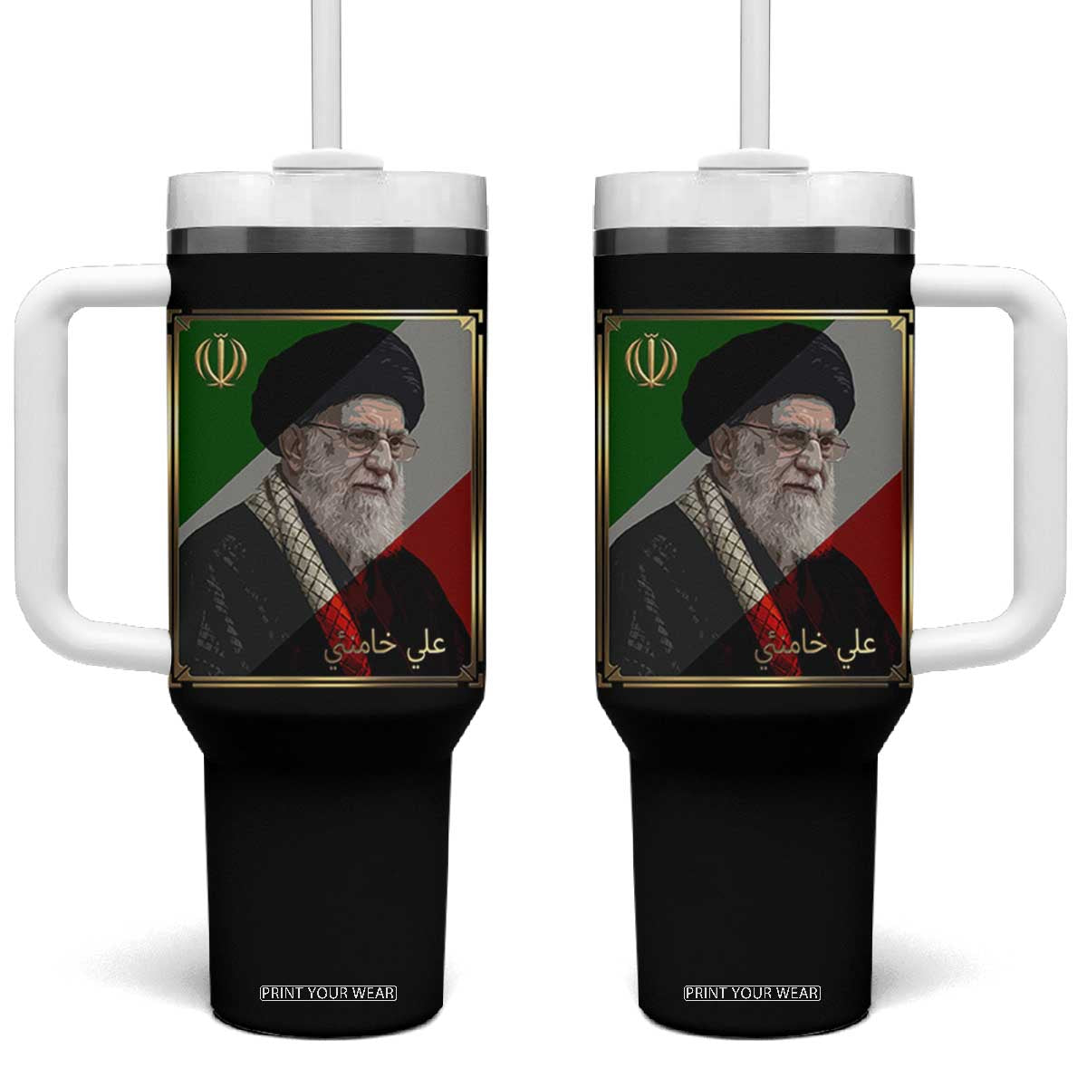 Ali Khamenei Memorial Tribute Portrait Tumbler With Handle TS14 One Size: 40 oz Black Print Your Wear