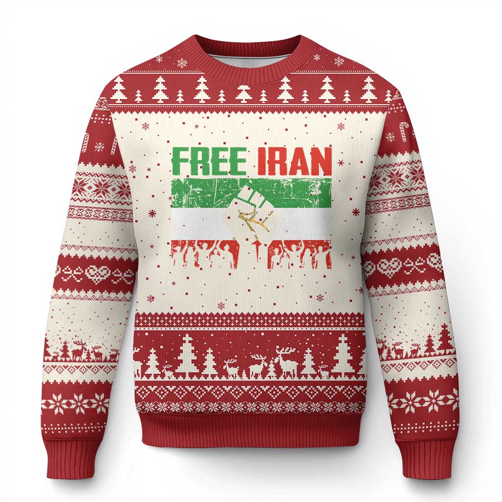 Free Iran Flag Ugly Christmas Sweater Support Iranian Freedom No War TS14 Beige Red Print Your Wear