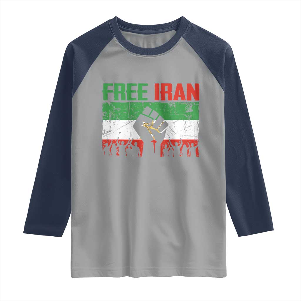 Free Iran Flag Raglan Shirt Support Iranian Freedom No War TS14 Sport Gray Navy Print Your Wear