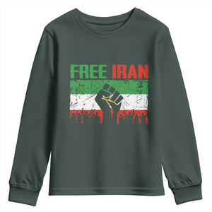 Free Iran Flag Youth Sweatshirt Support Iranian Freedom No War TS14 Dark Forest Green Print Your Wear