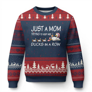 Funny Duck Mom Ugly Christmas Sweater Just A Mom Trying To Keep Her Ducks In A Row TS14 Navy Red Print Your Wear