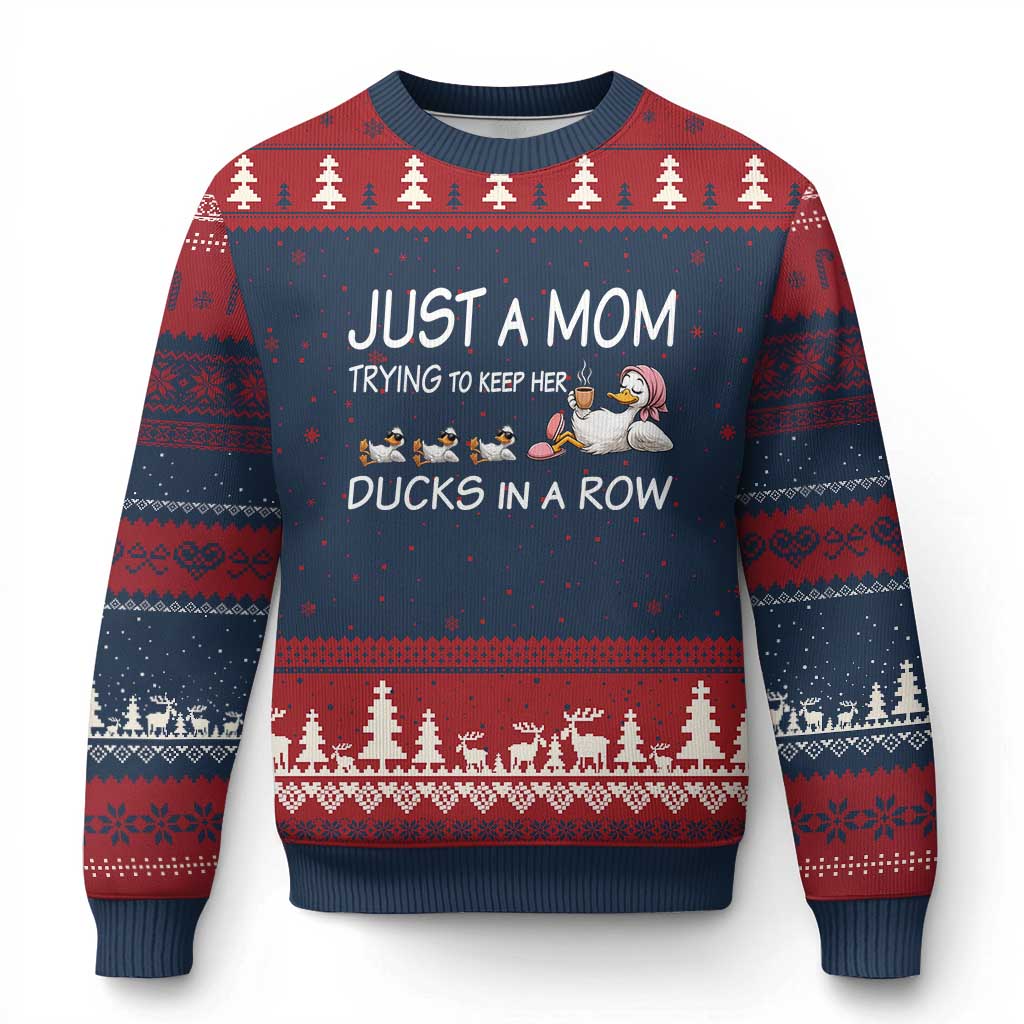 Funny Duck Mom Ugly Christmas Sweater Just A Mom Trying To Keep Her Ducks In A Row TS14 Navy Red Print Your Wear