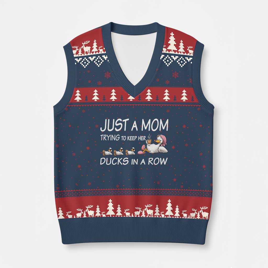 Funny Duck Mom V-Neck Knit Sweater Vest Just A Mom Trying To Keep Her Ducks In A Row TS14 Navy Red Print Your Wear