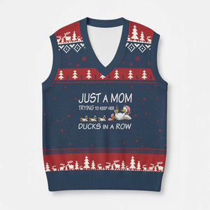 Funny Duck Mom V-Neck Knit Sweater Vest Just A Mom Trying To Keep Her Ducks In A Row TS14 Navy Red Print Your Wear