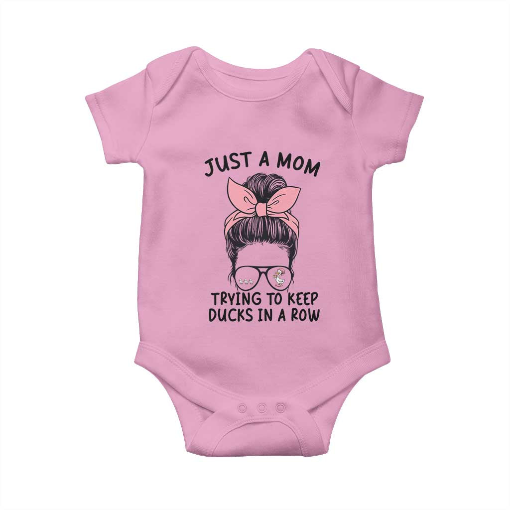 Just A Mom Trying To Keep Her Ducks In A Row Baby Onesie Funny Duck Mom Messy Hair Bun Moms Life TS14 Light Pink Print Your Wear