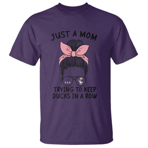 Just A Mom Trying To Keep Her Ducks In A Row T Shirt Funny Duck Mom Messy Hair Bun Moms Life TS14 Purple Print Your Wear