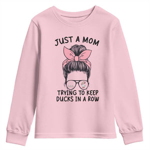 Just A Mom Trying To Keep Her Ducks In A Row Youth Sweatshirt Funny Duck Mom Messy Hair Bun Moms Life TS14 Light Pink Print Your Wear