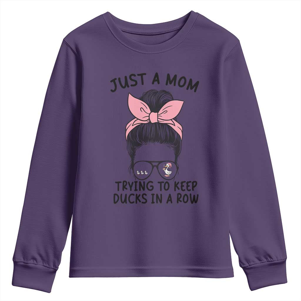 Just A Mom Trying To Keep Her Ducks In A Row Youth Sweatshirt Funny Duck Mom Messy Hair Bun Moms Life TS14 Purple Print Your Wear