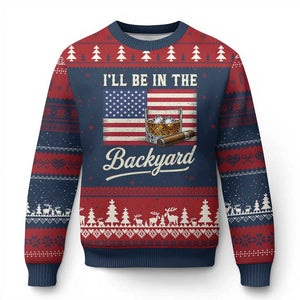 I'll Be in the Backyard Ugly Christmas Sweater USA Flag Cigar and Bourbon