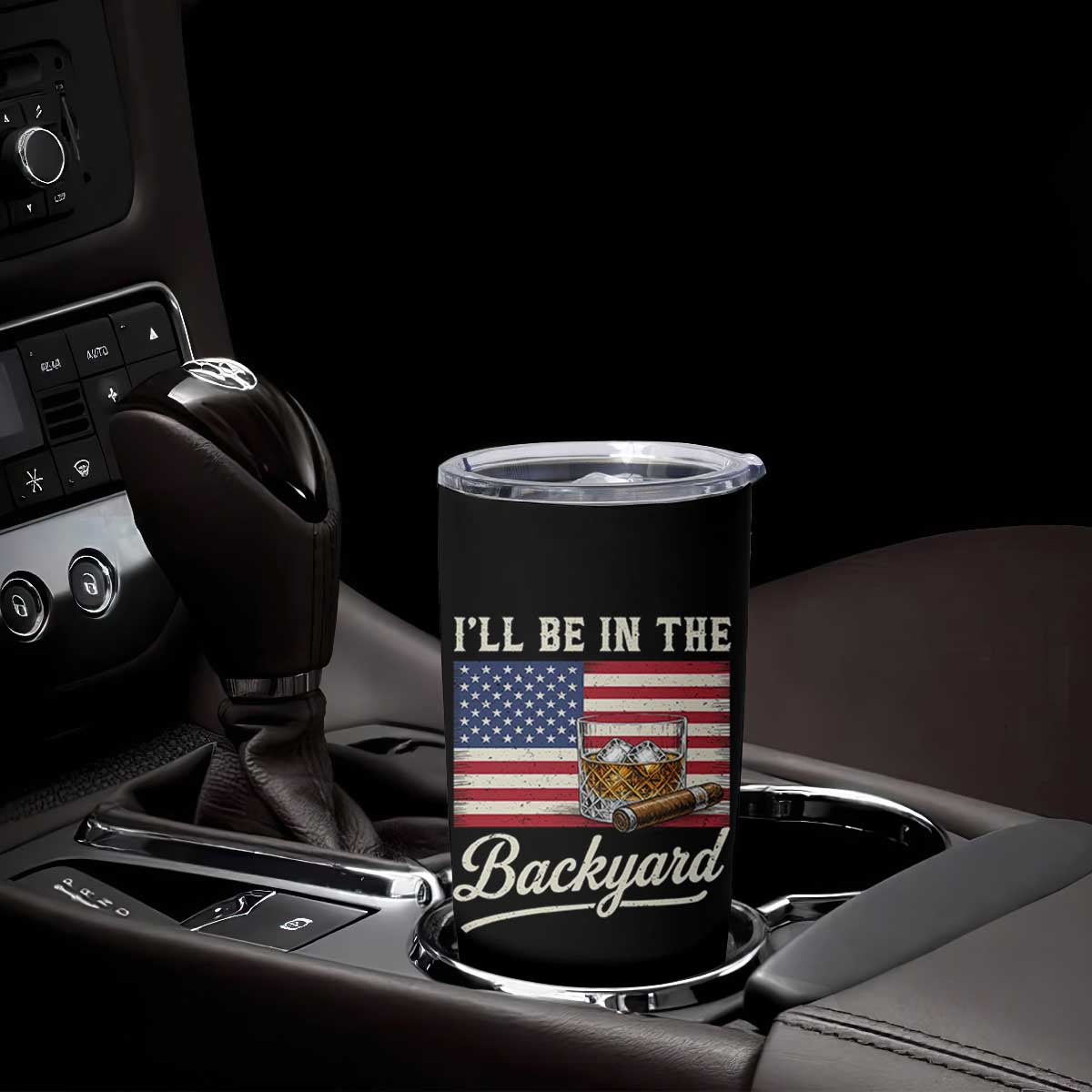 I'll Be in the Backyard Tumbler Cup USA Flag Cigar and Bourbon