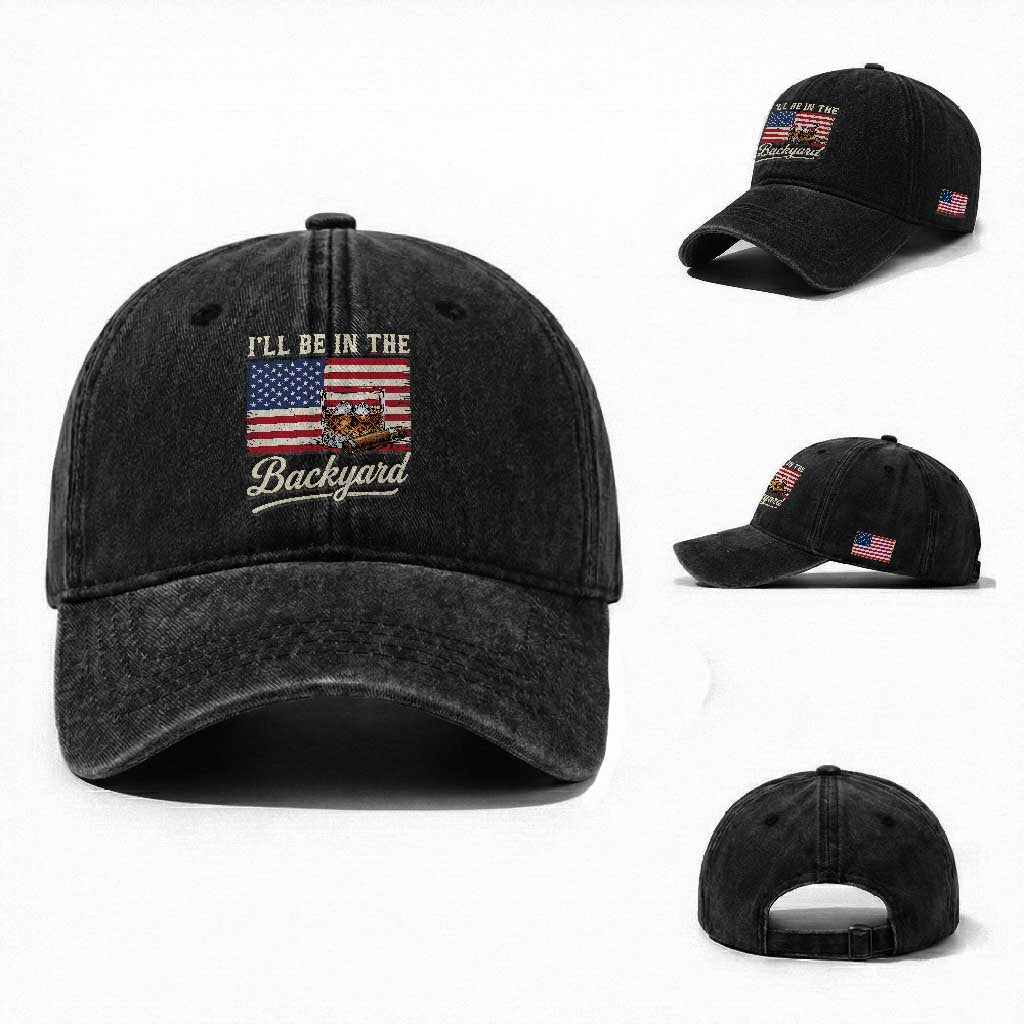 I'll Be in the Backyard Washed Cotton Baseball Cap USA Flag Cigar and Bourbon