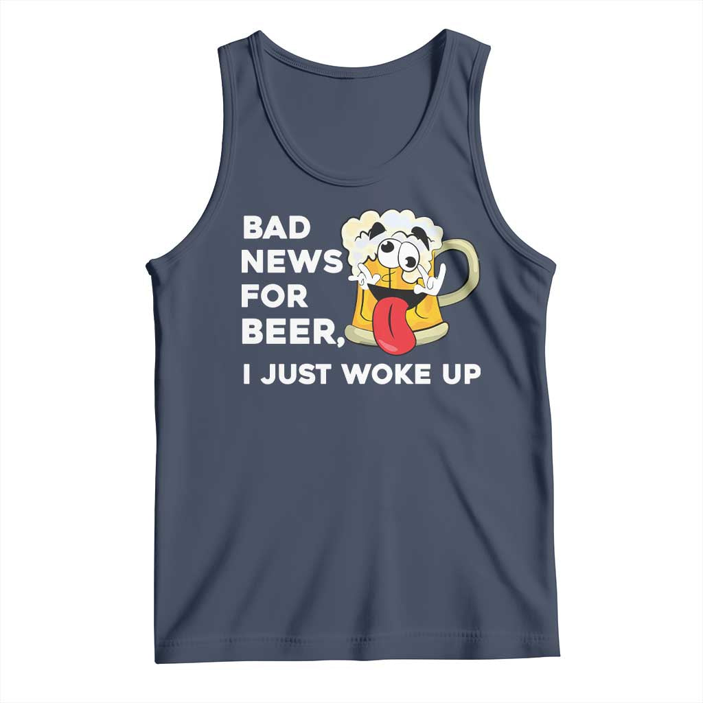Funny Beer Drinking Tank Top Bad News for Beer I Just Woke Up TS14 Navy Print Your Wear