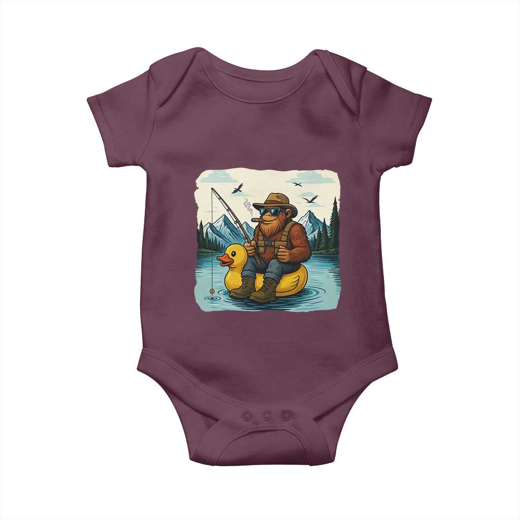 Funny Bigfoot Fishing Baby Onesie Sasquatch Sitting Rubber Duckie Cruise TS14 Maroon Print Your Wear