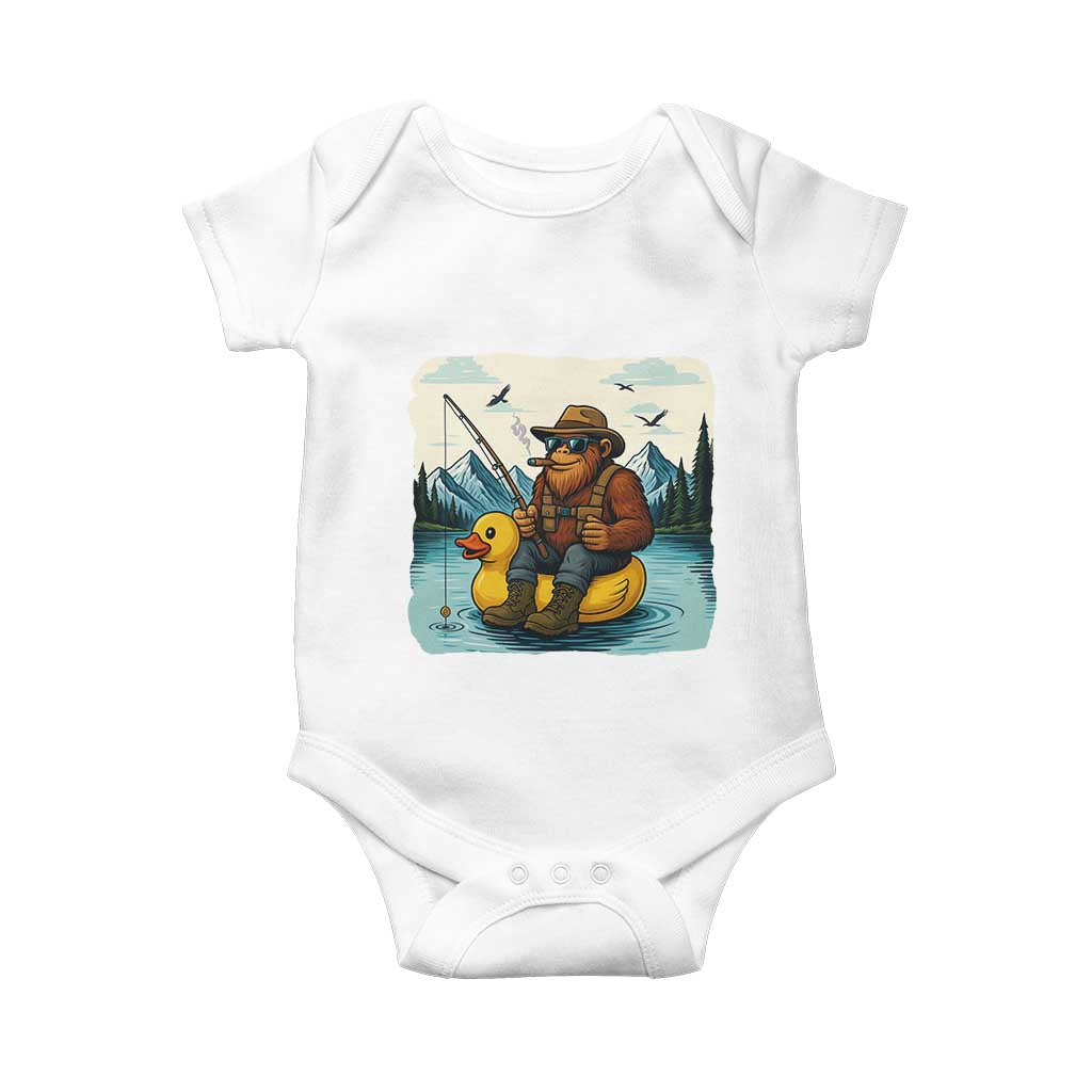 Funny Bigfoot Fishing Baby Onesie Sasquatch Sitting Rubber Duckie Cruise TS14 White Print Your Wear