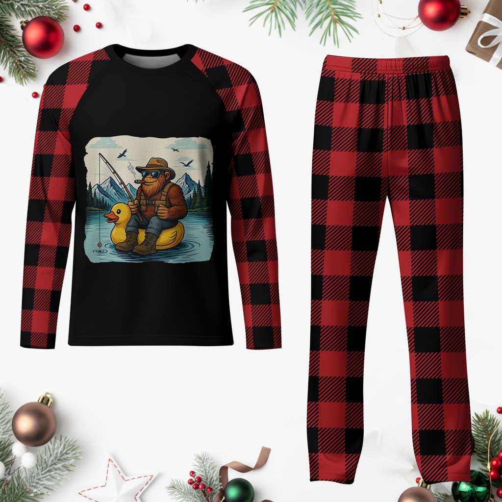 Funny Bigfoot Fishing Plaid Pajama Set Sasquatch Sitting Rubber Duckie Cruise TS14 Buffalo Plaid Print Your Wear