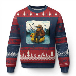 Funny Bigfoot Fishing Ugly Christmas Sweater Sasquatch Sitting Rubber Duckie Cruise TS14 Navy Red Print Your Wear