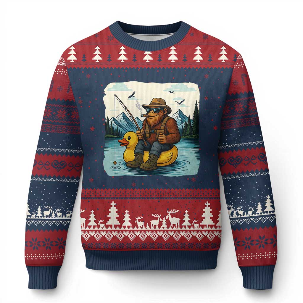 Funny Bigfoot Fishing Ugly Christmas Sweater Sasquatch Sitting Rubber Duckie Cruise TS14 Navy Red Print Your Wear