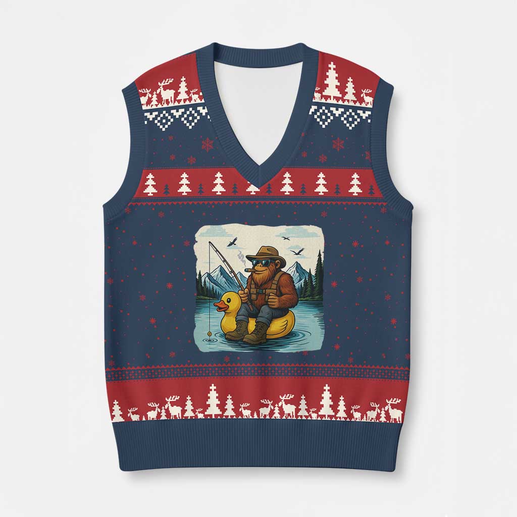 Funny Bigfoot Fishing V-Neck Knit Sweater Vest Sasquatch Sitting Rubber Duckie Cruise TS14 Navy Red Print Your Wear