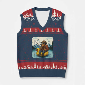 Funny Bigfoot Fishing V-Neck Knit Sweater Vest Sasquatch Sitting Rubber Duckie Cruise TS14 Navy Red Print Your Wear