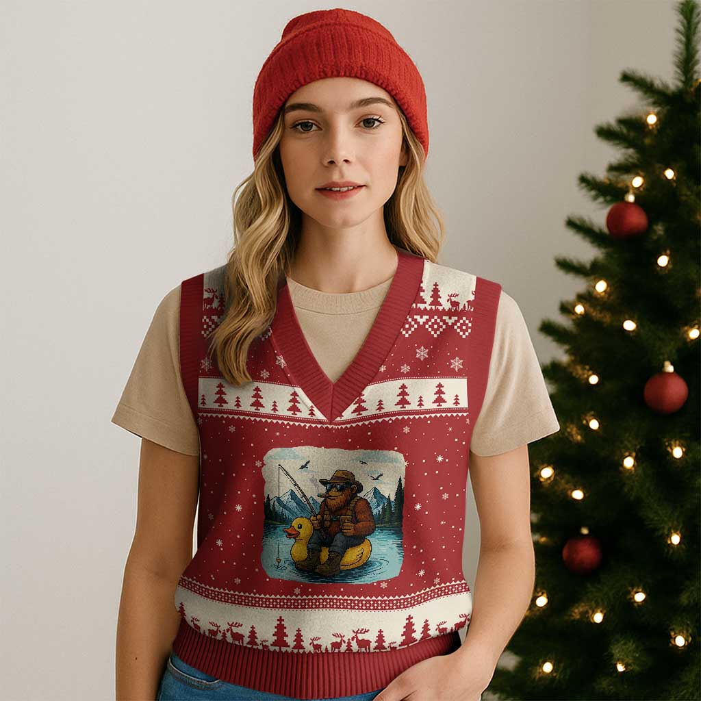 Funny Bigfoot Fishing V-Neck Knit Sweater Vest Sasquatch Sitting Rubber Duckie Cruise TS14 Red Beige Print Your Wear