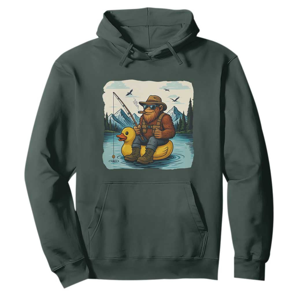 Funny Bigfoot Fishing Hoodie Sasquatch Sitting Rubber Duckie Cruise TS14 Dark Forest Green Print Your Wear