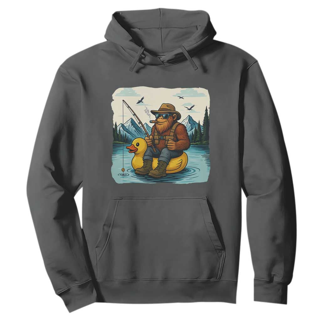 Funny Bigfoot Fishing Hoodie Sasquatch Sitting Rubber Duckie Cruise TS14 Dark Heather Print Your Wear