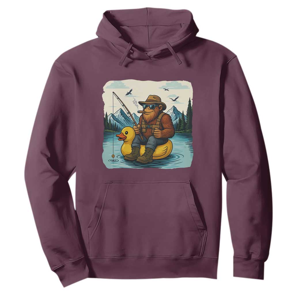 Funny Bigfoot Fishing Hoodie Sasquatch Sitting Rubber Duckie Cruise TS14 Maroon Print Your Wear