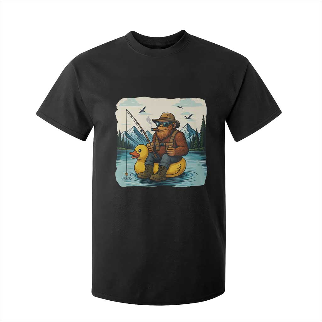 Funny Bigfoot Fishing T Shirt For Kid Sasquatch Sitting Rubber Duckie Cruise TS14 Black Print Your Wear