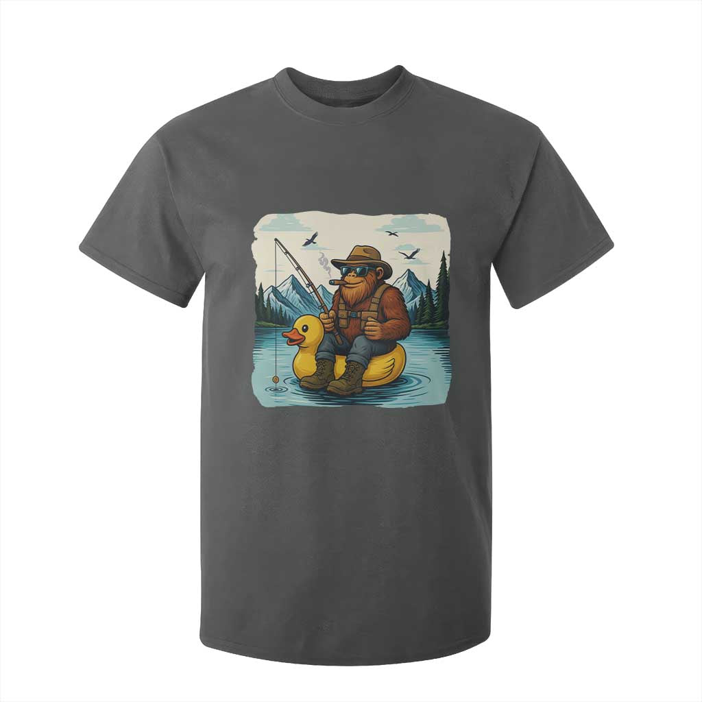 Funny Bigfoot Fishing T Shirt For Kid Sasquatch Sitting Rubber Duckie Cruise TS14 Dark Heather Print Your Wear