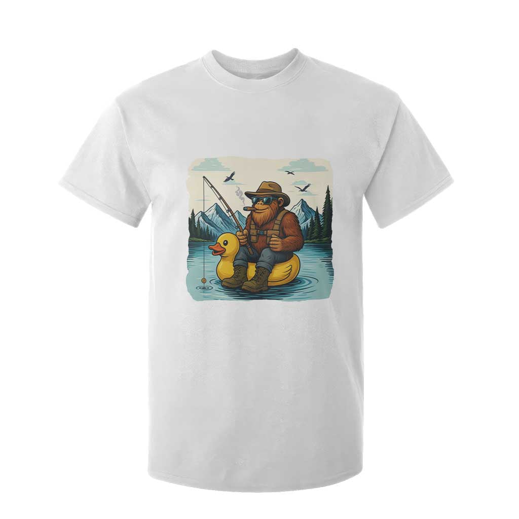 Funny Bigfoot Fishing T Shirt For Kid Sasquatch Sitting Rubber Duckie Cruise TS14 White Print Your Wear