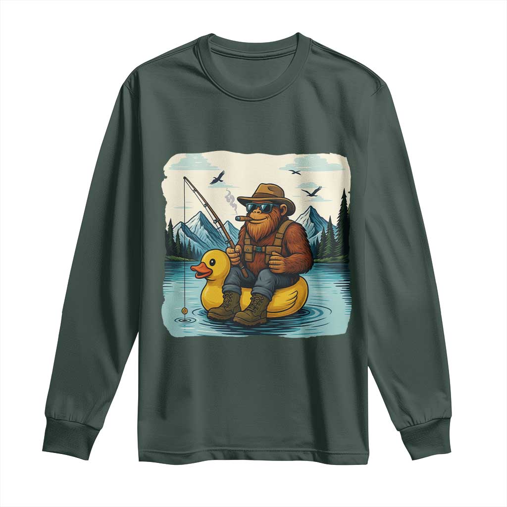 Funny Bigfoot Fishing Long Sleeve Shirt Sasquatch Sitting Rubber Duckie Cruise TS14 Dark Forest Green Print Your Wear
