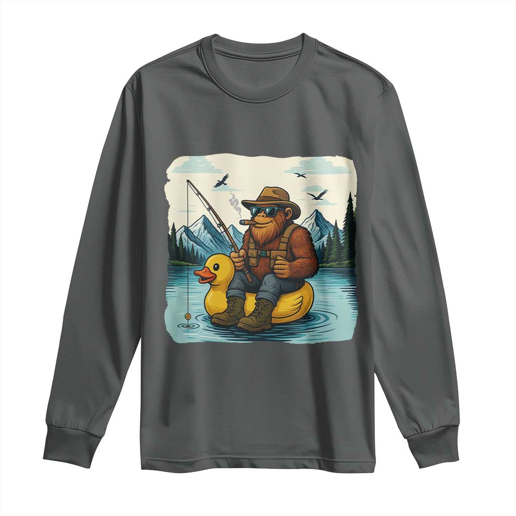 Funny Bigfoot Fishing Long Sleeve Shirt Sasquatch Sitting Rubber Duckie Cruise TS14 Dark Heather Print Your Wear