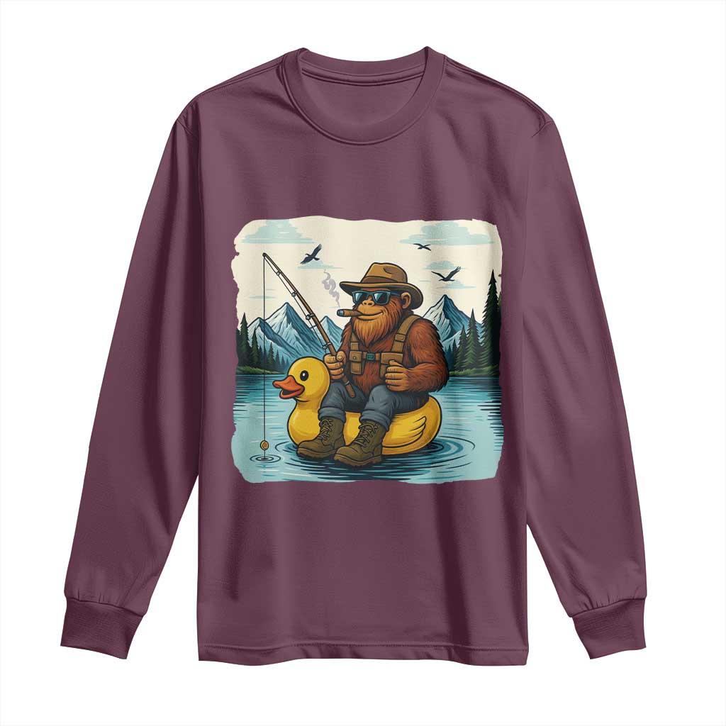Funny Bigfoot Fishing Long Sleeve Shirt Sasquatch Sitting Rubber Duckie Cruise TS14 Maroon Print Your Wear
